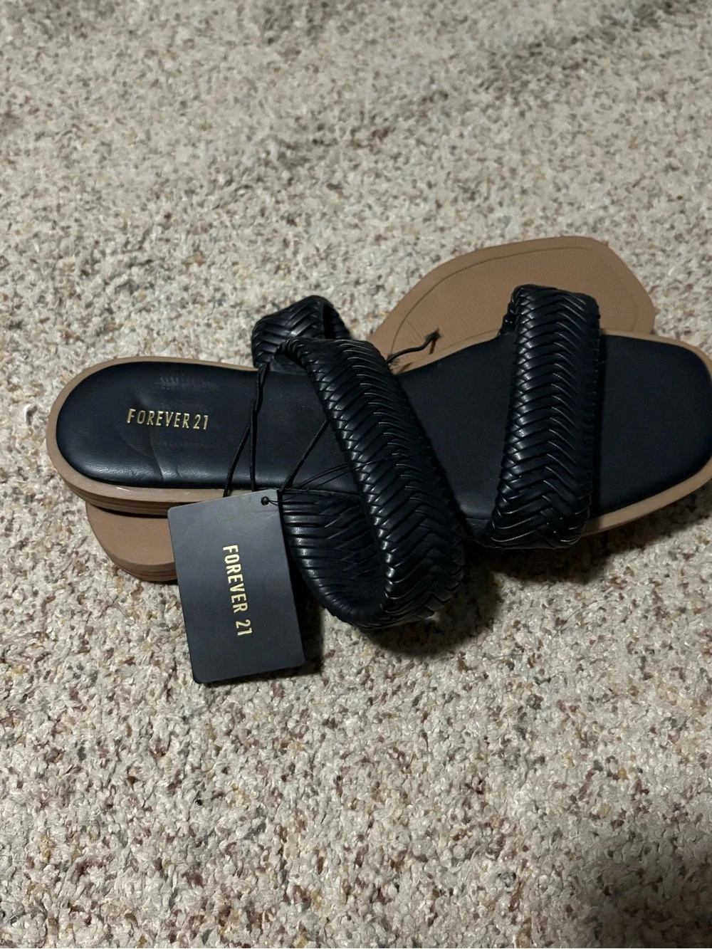 Forever 21 Slide‎ Sandals Womens 10 Black Braided Square Toe Faux Leather Flat